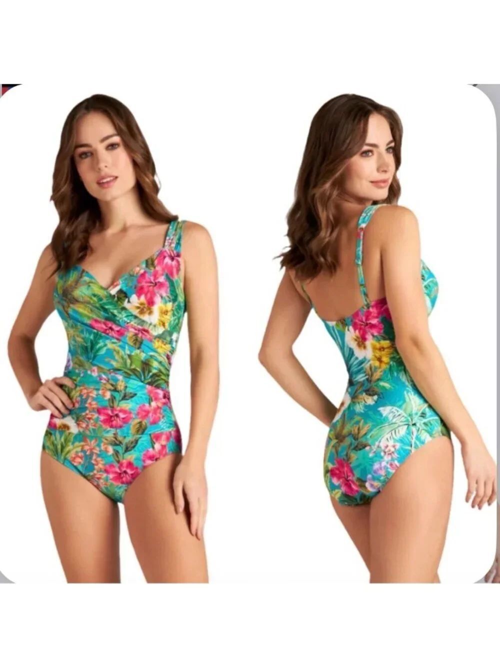 Jantzen Mio Women’s Turquoise Tropical Print Twist Front Swimsuit Size 18W